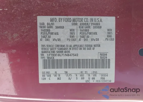 2001 Ford F-150 Lariat/Xl/Xlt from USA, damaged, VIN 1FTRX18L71NB47542